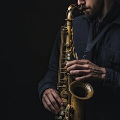 Saxophonist playing alto saxophone. Jazz music concept.