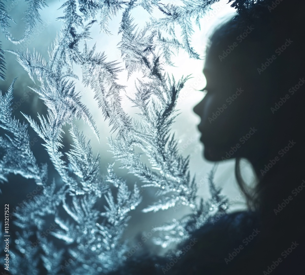 Poster silhouette of a girl looking out a frozen window, with a delicate frost pattern on the glass, in mon