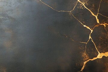 Cracked dark surface with golden veins creating a striking texture in a modern artistic design