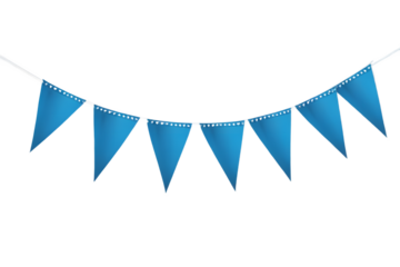 A festive string of blue triangle pennants on a transparent background.