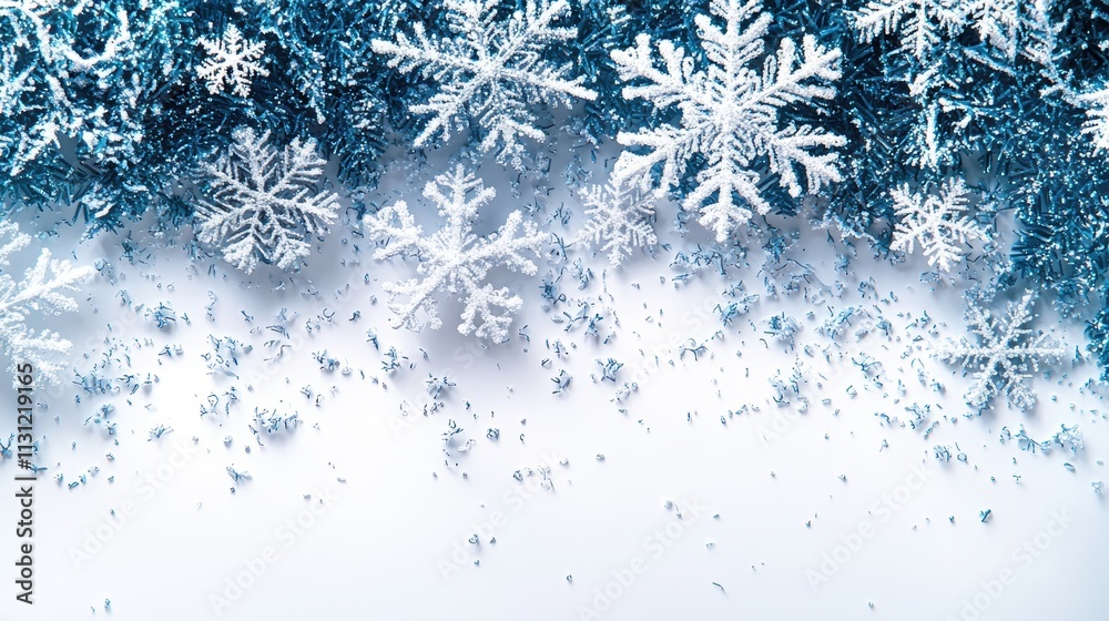 Fototapete winter snowflakes falling on top section of the image, empty space for text on the bottom 