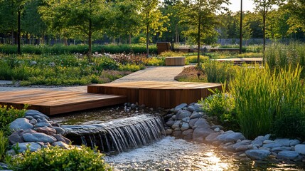 Naklejka premium Serene park landscape with wooden deck, cascading stream, and lush greenery.