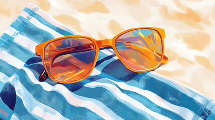 pair of orange sunglasses resting on blue striped beach towel, reflecting vibrant colors. Perfect for summer vibes and beach relaxation