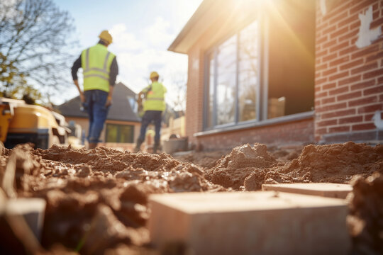 A construction site, initial stages of building a foundation for a house extension. In the frame, a crew in protective equipment, laying foundation blocks. 