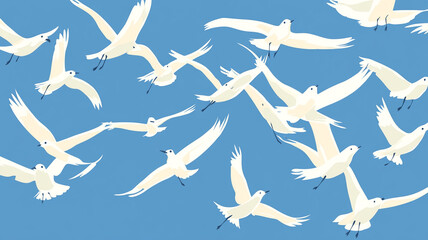 Fototapeta premium flock of birds flying across blue sky, creating serene and peaceful atmosphere. white birds contrast beautifully against vibrant blue background, evoking sense of freedom and tranquility