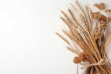 Fototapeta premium Dried wheat and herbs bouquet arrangement on a neutral background for rustic decor