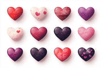 Fototapeta premium Diverse playful heart icons in vibrant shades and textures for creative designs and projects