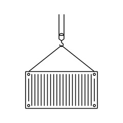 Cargo container and crane icon. Black outline linear silhouette. Editable strokes. Front side view. Vector simple flat graphic illustration. Isolated object on white background. Isolate.