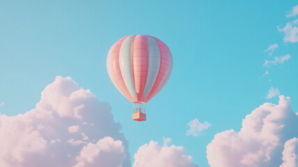 Fototapeta premium colorful hot air balloon floating against bright blue sky with fluffy clouds creates serene and joyful atmosphere
