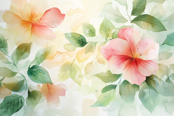Obraz premium Delicate watercolor flowers with soft hues of pink and orange gently blend with green leaves in a serene botanical composition