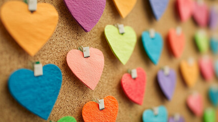 Obraz premium Colorful heart shaped notes pinned on corkboard create vibrant display of love and creativity. This cheerful arrangement showcases various colors and textures