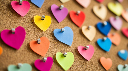 Obraz premium Colorful love notes pinned on corkboard create vibrant display of affection and creativity. Each heart shaped note adds unique touch to overall composition