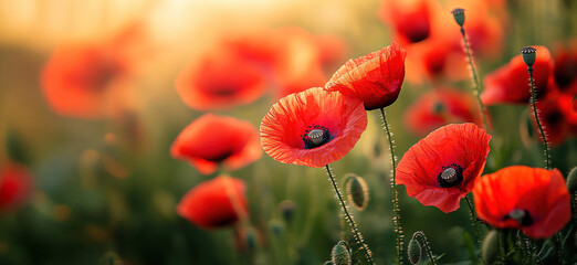 Fototapeta premium Vibrant Red Poppies Blooming in a Sunlit Field with Soft Background Light Creating a Serene and Peaceful Atmosphere in Nature