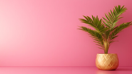 Obraz premium A vibrant indoor plant in a decorative pot against a pink wall displays modern decor.