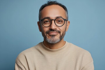 Obraz premium Man with glasses smiles warmly against a soft blue background during an indoor setting