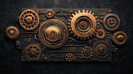 Obraz premium A steampunk-style industrial gear system with intricate metallic details and copper textures, isolated on a matte black background.