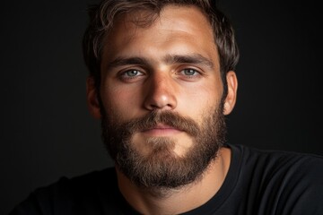 Obraz premium Young man with beard and intense gaze poses against dark background in a studio setting capturing thoughtful expression