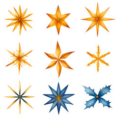 A vibrant collection of illustrated snowflakes and stars in varying colors and designs, ideal for seasonal and decorative use.