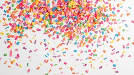 Obraz premium Vibrant multicolored confetti scattered on a white background, carnival, fun