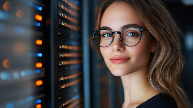 A young woman wearing glasses looks confidently at the camera while standing next to illuminated server racks inside a contemporary data center. Her expression is focused and engaging.