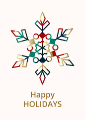 Obraz premium Christmas greeting card with multicolored mosaic snow crystal on white background. Flat vector illustration. Template for poster, cover, label, invitation, flier, brochure.