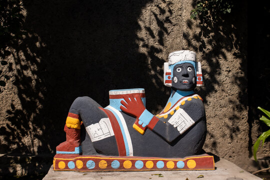 Mexico City, Mexico November 12, 2024: Recreation of the chac mool found at the Stage II of the Templo Mayor archaeological site.