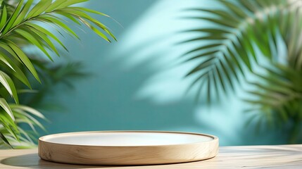 Obraz premium Summer and nature product display with empty white wooden table on blue blurred palm leaves background.