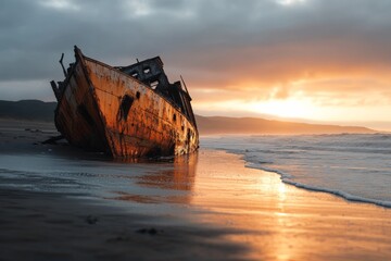 Naklejka premium Old shipwreck rests on the sandy beach at sunset near a coastal area with dramatic sky and waves