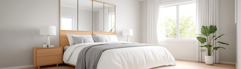 Fototapeta premium modern bedroom featuring wooden bed frame, large mirror, and natural light. decor includes bedside table, lamps, and potted plant, creating serene atmosphere