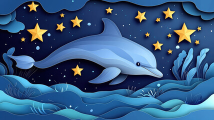 Obraz premium graceful dolphin swims through starry ocean scene, surrounded by vibrant waves and shimmering stars, creating serene and enchanting atmosphere