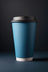 Obraz premium Blue coffee cup mockup with a black lid on a dark background