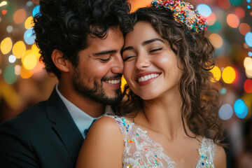 Young Latin couple together very happy celebrating the holidays with a blurred background