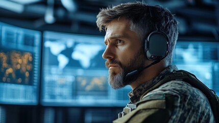Military operator monitors multiple screens in a high-tech command center focused on strategy and operational efficiency