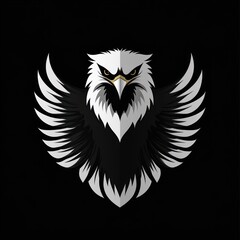 Obraz premium Majestic eagle emblem with spread wings, fierce expression, black and white design.