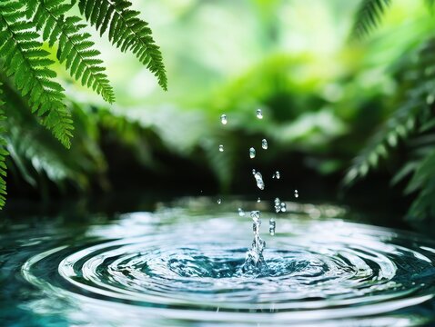 hydration replenish well-being Concept. Serene water droplets create ripples amidst lush green ferns.
