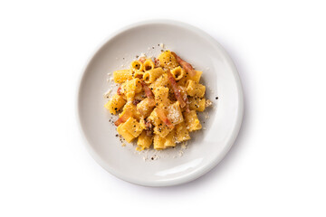 Mezze maniche alla carbonara, pasta romana, cibo italiano 