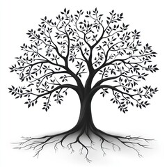 Obraz premium Black silhouette of a large tree with visible roots and leaves against a white background.