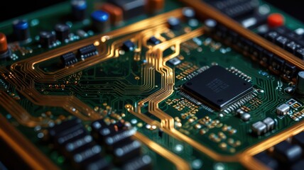 Fototapeta premium Close-Up View of Electronic Circuit Board with Microchip Technology