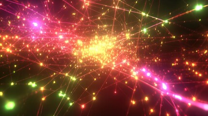 Abstract representation of interconnected networks with vibrant colors and glowing particles.