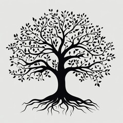 Obraz premium Black silhouette of a large tree with extensive roots and full foliage.