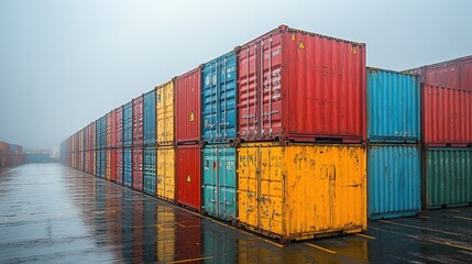 Fototapeta premium Colorful shipping containers stacked in rainy port on overcast day reflecting global trade
