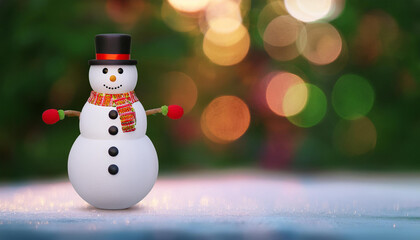 Snowman with a carrot nose, hat, scarf, coal buttons and stick arms standing outside on a winters day. Concept of winter, snow and childhood. Shallow field of view.