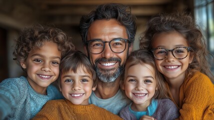 Fototapeta premium Happy family portrait of smiling father and children embracing together