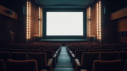 Fototapeta premium A cozy, intimate home cinema with plush seating, dim lighting, and a projector displaying a green screen,