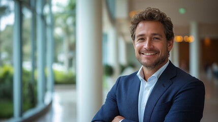 Fototapeta premium Confident businessman in modern office corridor smiling brightly