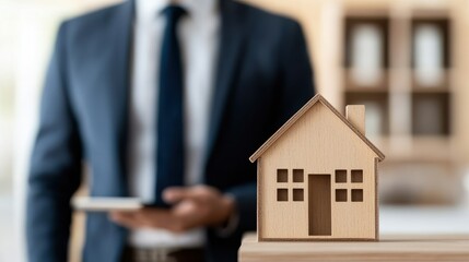Professional real estate agent showcasing miniature wooden house model with smartphone in modern office to symbolize property ownership and investment opportunities.