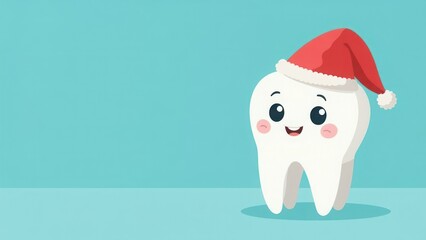 Cartoon tooth drawn on a turquoise background, smiling, wearing a santa hat, banner, space for text. Concept of Happy New Year and Merry Christmas in dentistry