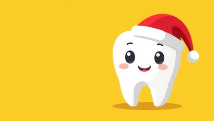 Tooth drawn on a yellow background, smiling, wearing a santa hat, banner, space for text. Concept of Happy New Year and Merry Christmas in dentistry