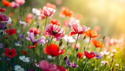 Obraz premium The image showcases a vibrant wildflower field, bursting with color and life. Various flowers, including pink and purple poppies, stand tall among a lush green backdrop. The delicate petals of the flo