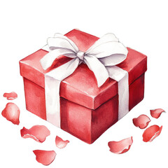 Obraz premium Watercolor red gift box with white ribbon and rose petals.